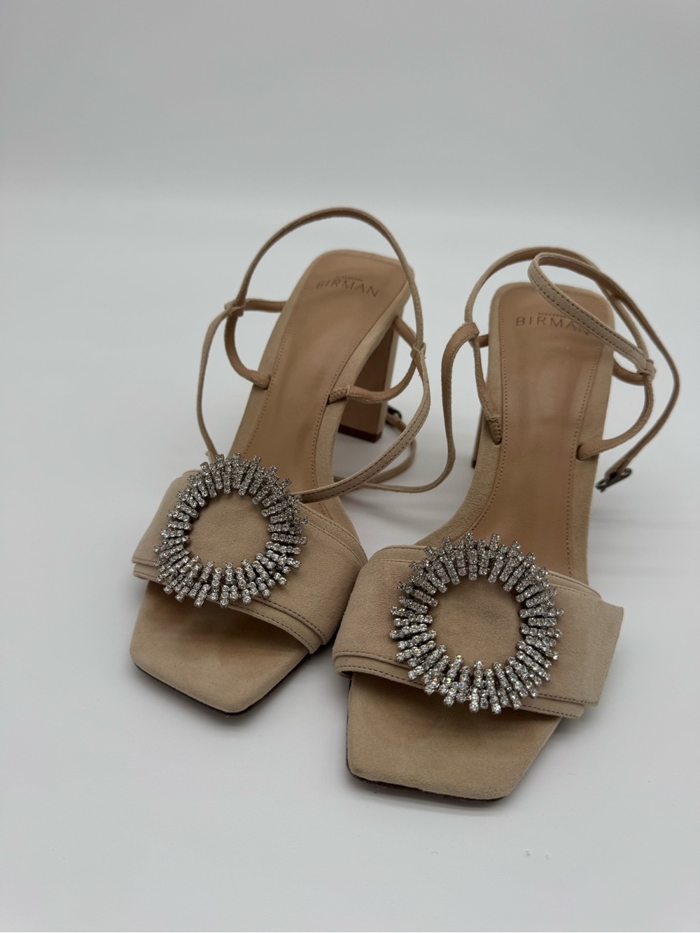 Alexandre Birman Beige Suede Crystal-Embellished Slingback Heels